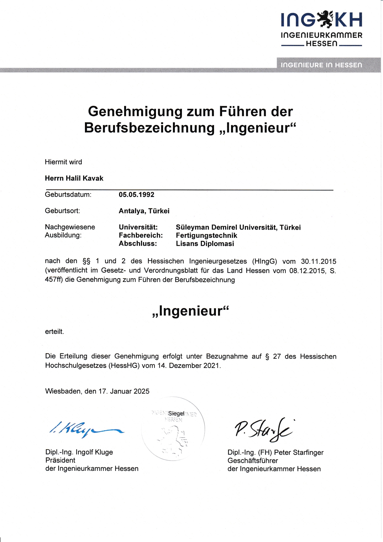 Urkunde Dipl.-Ing. Halil Kavak